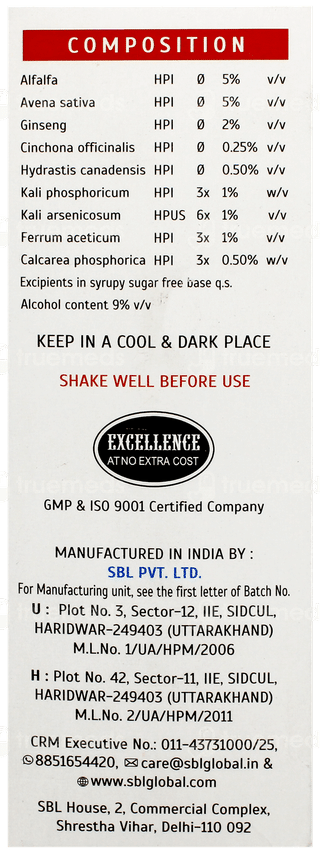 Sbl Alfalfa With Ginseng Sugar Free Tonic 180Ml