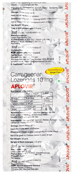 Aplovir Lemon Flavour Sugar Free Lozenges 10