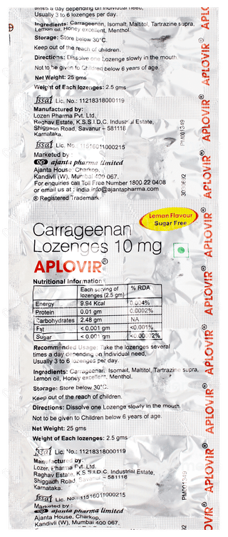 Aplovir Lemon Flavour Sugar Free Lozenges 10
