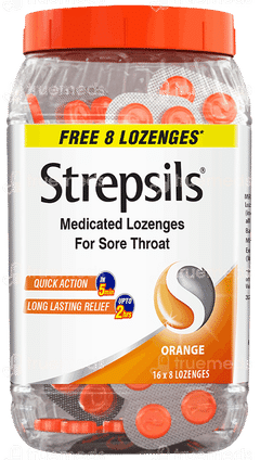Strepsils Orange Flavour Medicated Lozenges 120 + 8 Free
