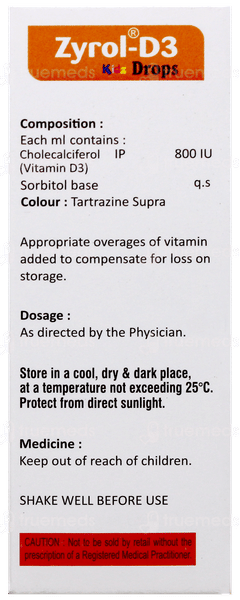 Zyrol D3 Kidz Mango Flavour Sugar Free Oral Drops 15Ml