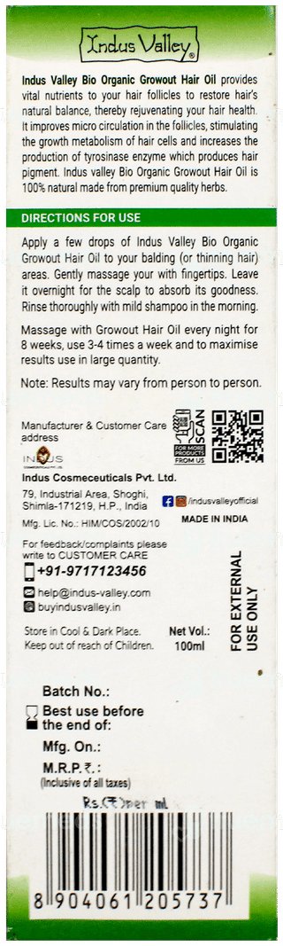Indus Valley Bio Organic Growout Hair Oil 100Ml