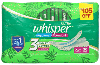 Whisper Ultra Clean Hygiene + Comfort Xl+ Sanitary Pads 30