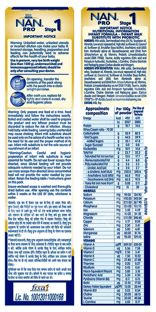 Nestle Nan Pro Stage 1 Up To 6 Months Infant Formula With Probiotic Refill Powder 400Gm