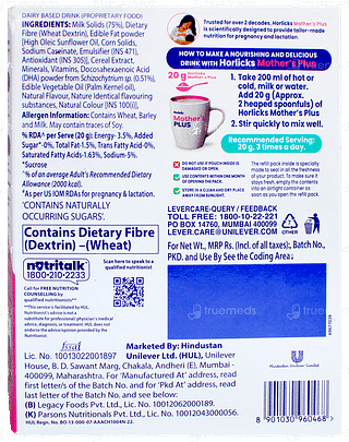 Horlicks Mothers Plus Vanilla Flavour Zero Added Sugar Refill Powder 400gm