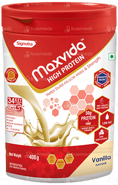 Maxvida High Protein Vanilla Flavour Zero Added Sugars Powder 400gm Maxvida High Protein Vanilla Flavour Zero Added Sugars Powder 400gm