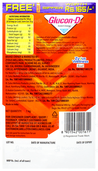 Glucon D Tangy Orange Flavour 1kg With Sipper Bottle Free