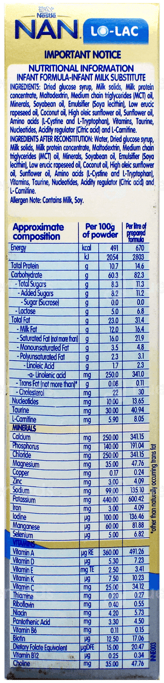 Nestle Nan Lo Lac Infant Formula Refill Powder 400Gm