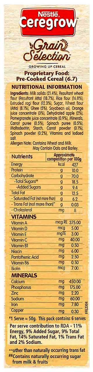 Nestle Ceregrow Grain Selection Ragi Mixed Fruit And Ghee Cereal 300gm