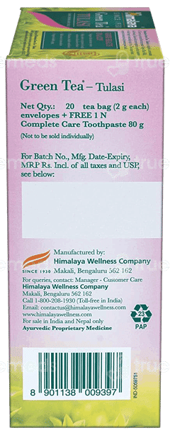 Himalaya Green Tea Tulasi 2Gm Pack Of 20 Sachets With Himalaya Complete Care Toothpaste 80Gm Free