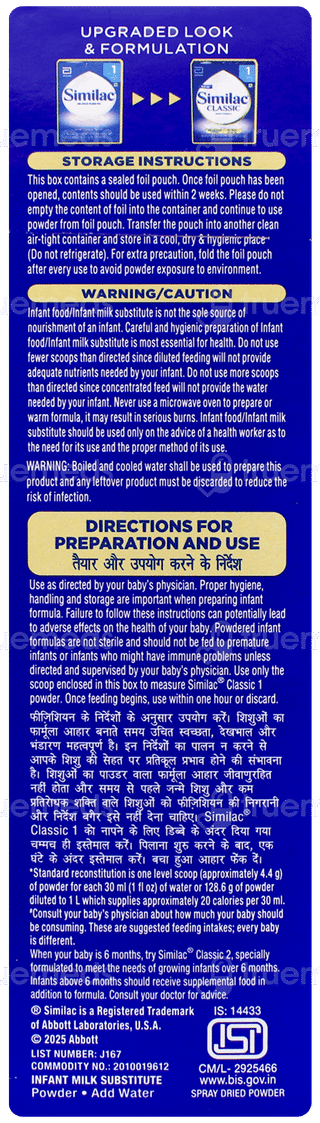 Similac Classic New Stage 1 Up To 6 Months Infant Formula Powder  Refill 400gm