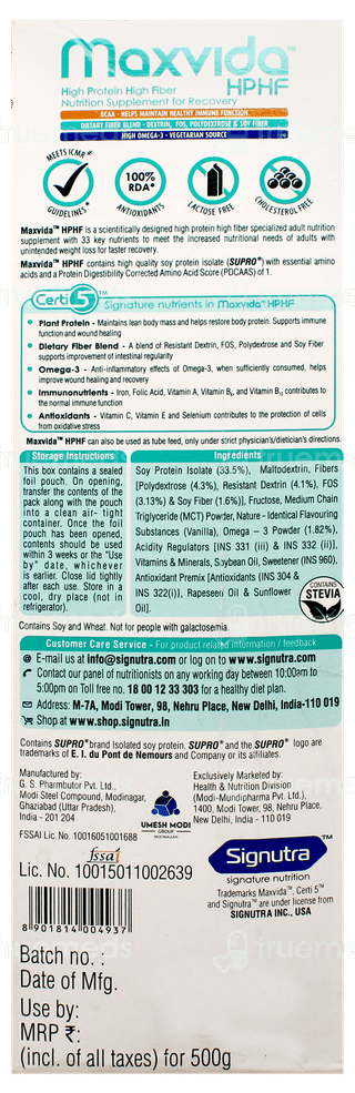 Maxvida Hphf Vanilla Flavour Zero Sucrose Refill Powder 500Gm