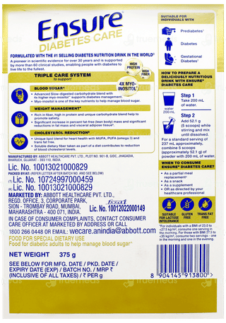 Ensure Diabetes Care New & Improved Zero Added Sucrose Vanilla Delight Flavour Refill Powder 375Gm