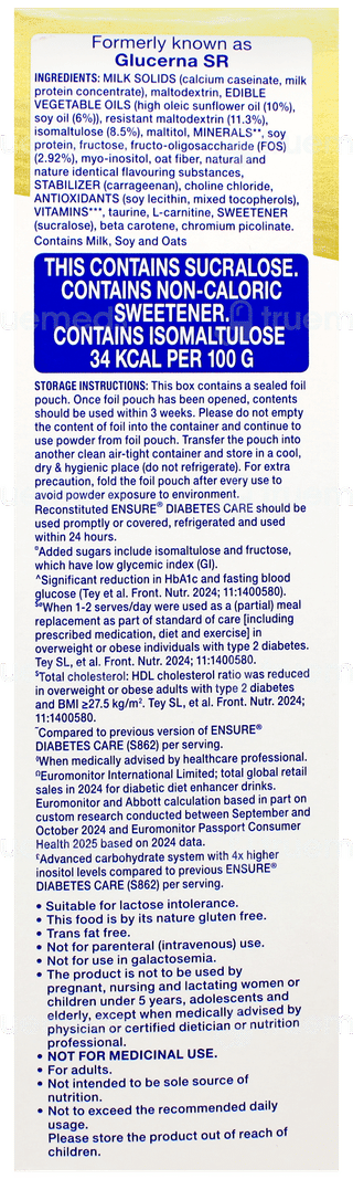 Ensure Diabetes Care New & Improved Zero Added Sucrose Vanilla Delight Flavour Refill Powder 375Gm