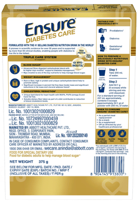 Ensure Diabetes Care New & Improved Zero Added Sucrose Vanilla Delight Flavour Refill Powder 375Gm