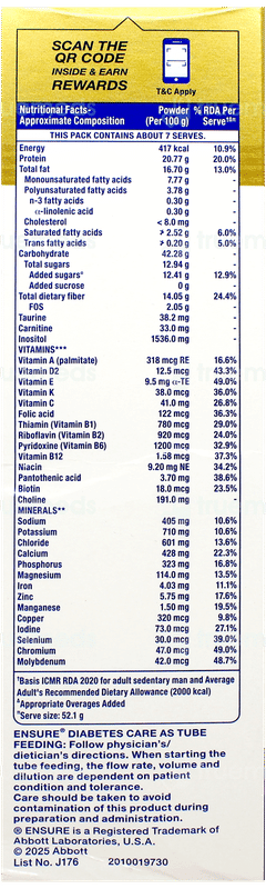 Ensure Diabetes Care New & Improved Zero Added Sucrose Chocolate Flavour Refill Powder 375gm