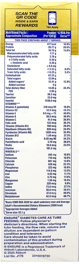 Ensure Diabetes Care New & Improved Zero Added Sucrose Chocolate Flavour Refill Powder 375gm