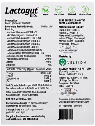 Velbiom Lactogut Kidz Orange Flavour Sachet 1gm