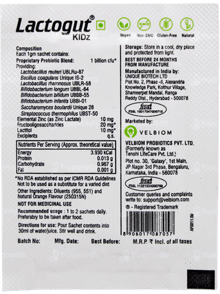 Velbiom Lactogut Kidz Orange Flavour Sachet 1gm