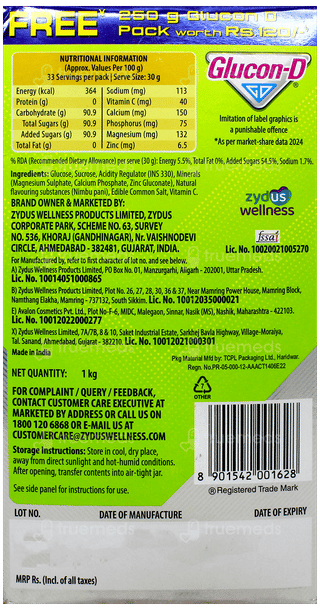 Glucon D New Nimbu Pani Refill 1Kg With Glucon D New Nimbu Pani 250Gm Pack Free