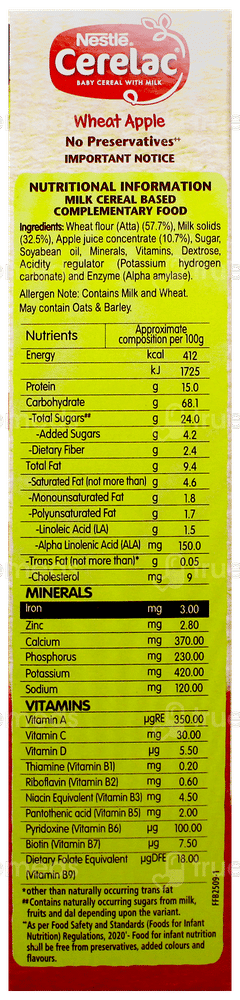 Nestle Cerelac No Refined Sugar No Preservatives Wheat Apple From 6 To 24 Months Baby Cereal 360gm