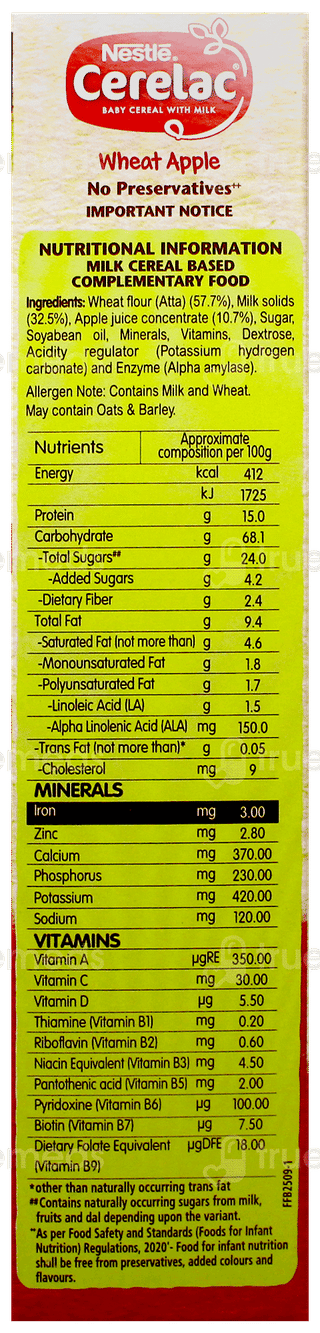 Nestle Cerelac No Refined Sugar No Preservatives Wheat Apple From 6 To 24 Months Baby Cereal 360gm