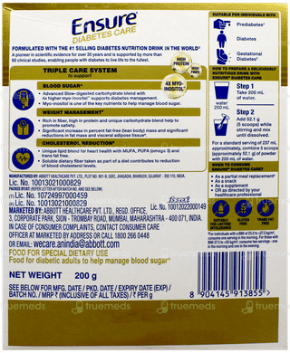 Ensure Diabetes Care New & Improved Zero Added Sucrose Chocolate Flavour Refill Powder 200Gm