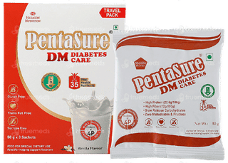 Pentasure Dm Diabetes Care Sucrose Free Vanilla Flavour Powder Travel Pack 50gm Of 3 Sachets