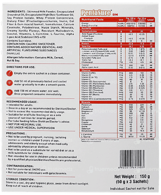 Pentasure Dm Diabetes Care Sucrose Free Vanilla Flavour Powder Travel Pack 50gm Of 3 Sachets