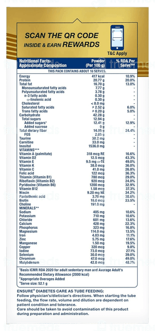 Ensure Diabetes Care New & Improved Zero Added Sucrose Rich Chocolate Flavour Refill Powder 950Gm