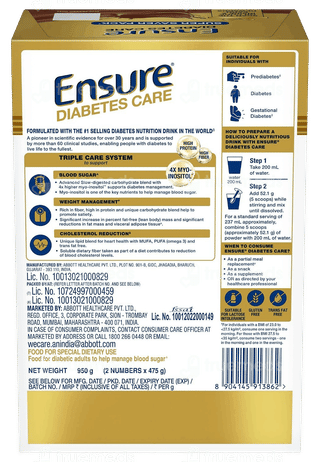 Ensure Diabetes Care New & Improved Zero Added Sucrose Rich Chocolate Flavour Refill Powder 950Gm