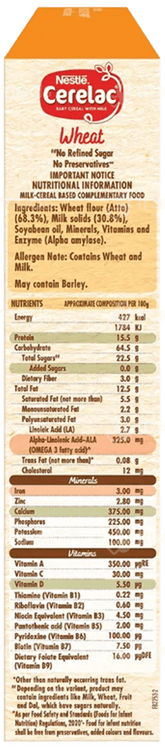 Nestle Cerelac No Refined Sugar No Preservatives Wheat 6 To 24 Months Baby Cereal 300Gm