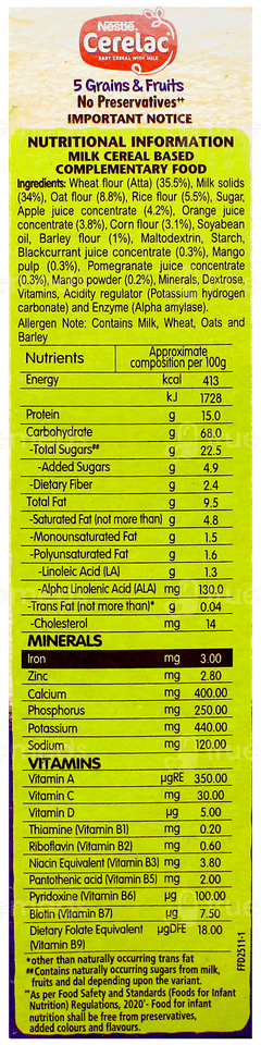 Nestle Cerelac No Preservative 5 Grains & Fruits From 18 To 24 Months Baby Cereal 300Gm