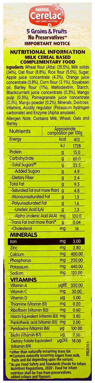 Nestle Cerelac No Preservative 5 Grains & Fruits From 18 To 24 Months Baby Cereal 300Gm