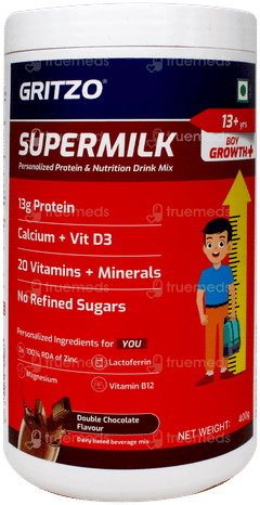 Gritzo Supermilk 13+ Yrs Boy Growth + Double Chocolate Flavour Powder Jar 400Gm Gritzo Supermilk 13+ Yrs Boy Growth + Double Chocolate Flavour Powder Jar 400Gm