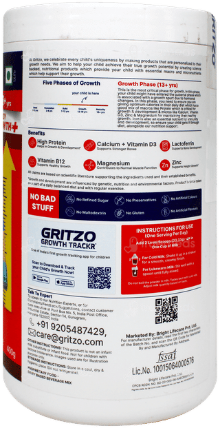 Gritzo Supermilk 13+ Yrs Boy Growth + Double Chocolate Flavour Powder Jar 400Gm