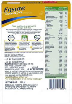 Ensure Diabetes Care Chocolate Flavour Zero Added Sucrose Refill Powder 375gm