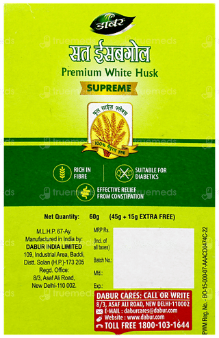 Dabur Sat Isabgol Premium White Husk Supreme 45Gm + 15Gm Extra Free