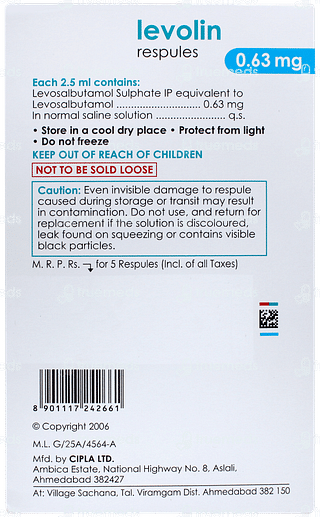 Levolin 0.63mg 2.5ml Pack Of 5 Respules