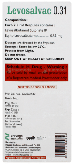Levosalvac 0.31 2.5ml Pack Of 5 Respules Levosalvac 0.31 2.5ml Pack Of 5 Respules