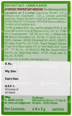 Eno Fruit Salt Lemon Flavour 5gm Pack Of 6 Sachets