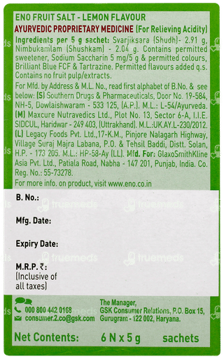 Eno Fruit Salt Lemon Flavour 5gm Pack Of 6 Sachets