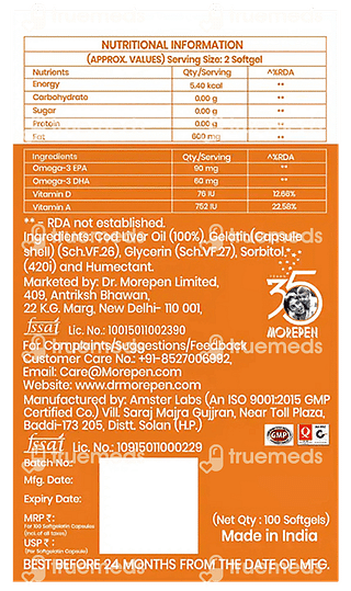 Dr Morepen Cod Liver Oil With Omega 3 Vitamin A And D  Softgel Capsule 100