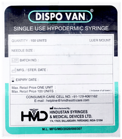 Hmd Dispovan Hypodermic Syringe 5Ml With Needle 24G Box Of 100