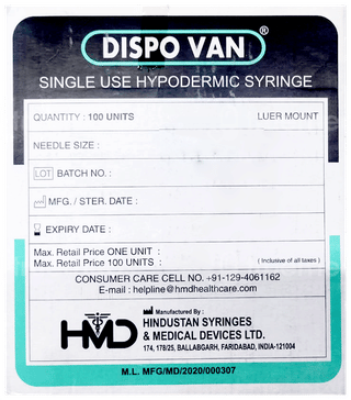 Hmd Dispovan Hypodermic Syringe 5Ml With Needle 24G Box Of 100