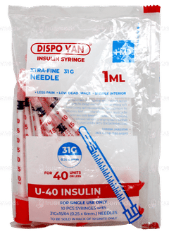 Hmd Dispo Van U 40 Insuline Xtra Fine 31g Needle 1ml Pack Of 10 Syringes