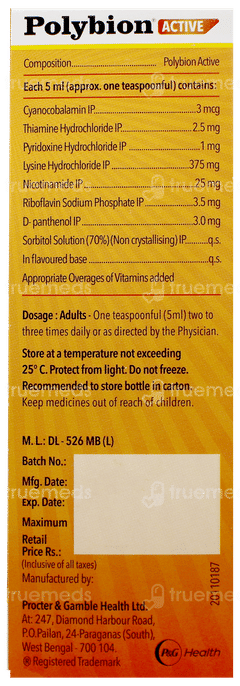 Polybion Active New Mango Flavour Sugar Free Syrup 300Ml Polybion Active New Mango Flavour Sugar Free Syrup 300Ml