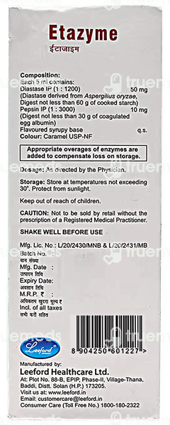 Etazyme Pineapple Flavoured Syrup 100ml