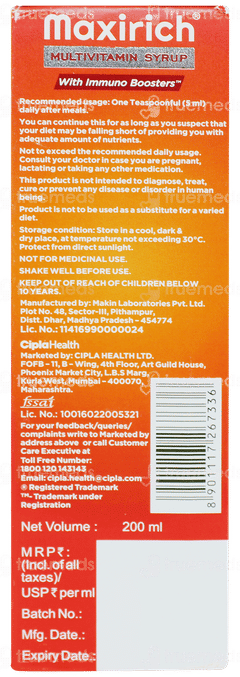 Maxirich Orange And Mango Flavour Syrup 200ml