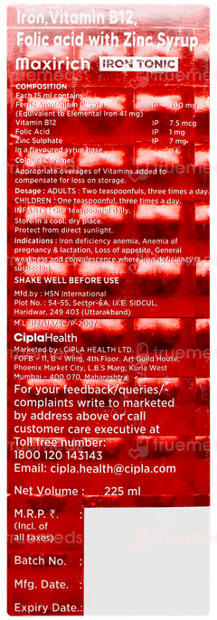 Maxirich Iron Tonic Orange Flavour Syrup 225ml